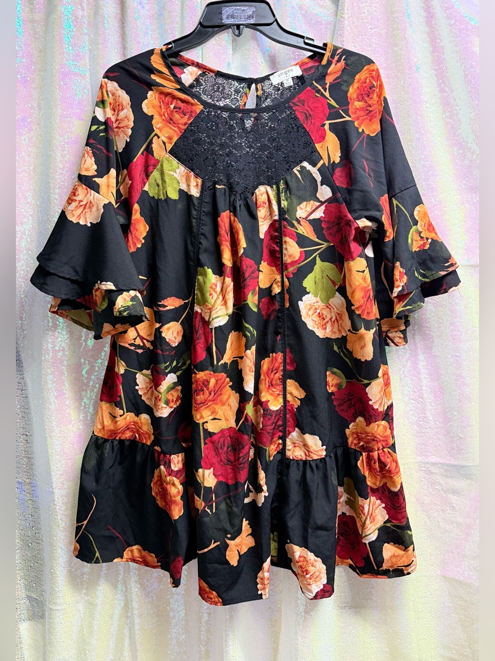 Umgee 3/4 sleeve Black Floral Tunic Dress with red and peach roses - Size M